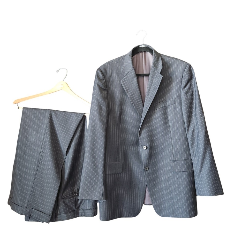 Hickey Freeman Suit Men's 43R Gray Striped 100% Wool 36x30 Pleated Pants Cuffed